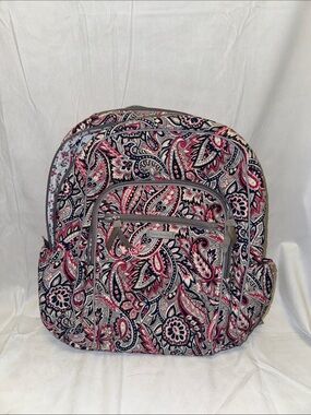Vera Bradley Patterned Paisley Quilted Backpack in Grey, Pink, Navy & Cream